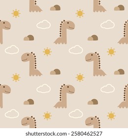 Dinosaur cartoon so cute. On sun cloud mountain brown background. Pattern seamless vector illustration. 