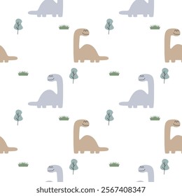 Dinosaur cartoon so cute. On tree grass white background. Pattern seamless vector illustration. 