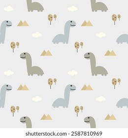 Dinosaur cartoon so cute. On tree mountain cloud background. Pattern seamless vector illustration. 
