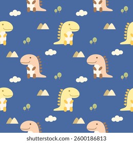 Dinosaur cartoon so cute. On tree mountain cloud blue background. Pattern seamless vector illustration. 