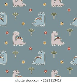 Dinosaur cartoon so cute. On tree flower butterfly green background. Pattern seamless vector illustration. 