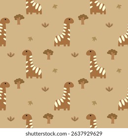 Dinosaur cartoon so cute. On tree grass bird brown background. Pattern seamless vector illustration. 