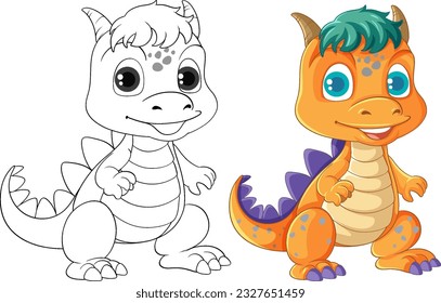 Dinosaur cartoon and its doodle coloring character illustration