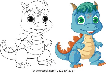 Dinosaur cartoon and its doodle coloring character illustration