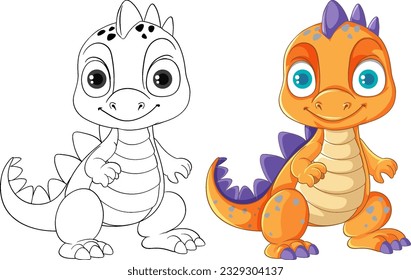 Dinosaur cartoon and its doodle coloring character illustration