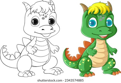 Dinosaur cartoon and its doodle coloring character illustration