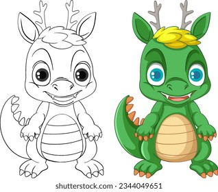 Dinosaur cartoon and its doodle coloring character illustration