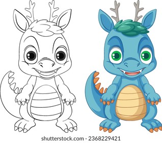 Dinosaur cartoon and its doodle coloring character illustration