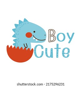 Dinosaur cartoon in egg shell and cute font isolated on white background vector illustration.
