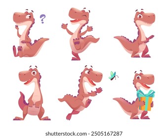 Dinosaur. Cartoon funny fantasy dragon in different poses exact vector cute monster dinosaur