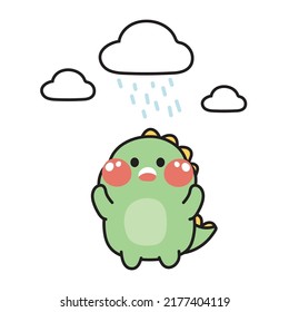 Dinosaur cartoon hand drawn with rain on white background.Character design.Isolated.Kawaii.Vector.Illustration.