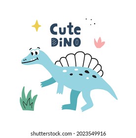 Dinosaur in cartoon hand drawn style. "Cute dino" handwritten lettering. Vector character.