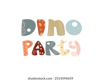 Dinosaur cartoon illustration in trendy boho style shades style with DINO PARTY lettering. Childish design for birthday invitation or baby shower, poster, clothing, nursery wall art and card.