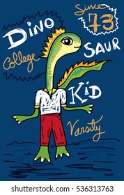 dinosaur cartoon kid varsity college,t-shirt print poster vector illustration