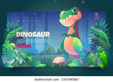 Dinosaur cartoon landing page, Tyrannosaurus rex in tropical rainforest or jungle. Funny dino monster game personage, invitation to prehistoric museum Jurassic period ancient animal, Vector web banner