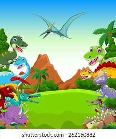 Dinosaur Cartoon With Landscape Background 
