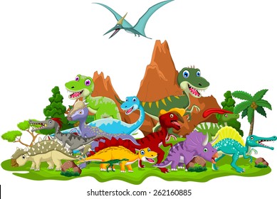 Dinosaur cartoon with landscape background 