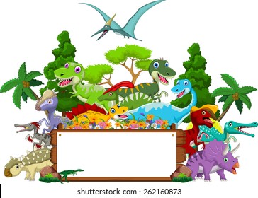 Dinosaur cartoon with landscape background and blank sign 