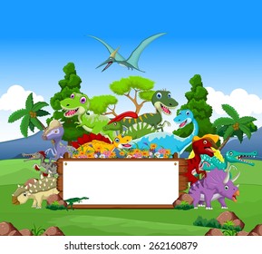 Dinosaur cartoon with landscape background and blank sign 