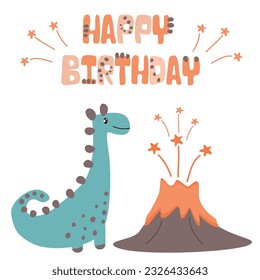 Dinosaur cartoon party card decoration. Happy birthday dinosaur cartoons. Typography. Vector illustration