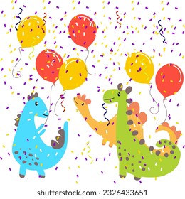 Dinosaur cartoon party card decoration. Happy birthday new year dinosaur cartoons with balloons and confetti vector illustration.