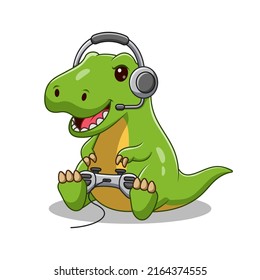 Dinosaur Cartoon Play a Game, Video Games Controller Nerd Geek, Gamer T-Rex Cartoon