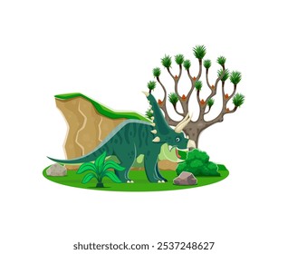 Dinosaur, cartoon prehistoric character or dino Chasmosaurus, vector funny lizard. Jurassic or Cretaceous era prehistoric dinosaur lizard with horns and spine spikes in forest for kids paleontology