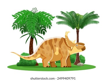 Dinosaur, cartoon prehistoric character or Pachyrhinosaurus dino, vector funny lizard. Jurassic or Cretaceous era prehistoric Pachyrhinosaurus dinosaur lizard with horns in forest for kid paleontology