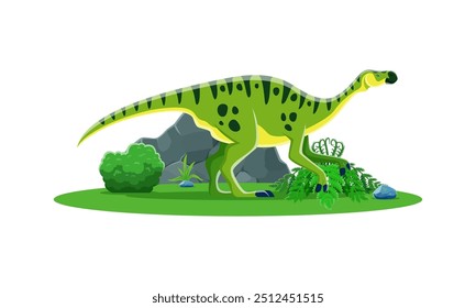 Dinosaurio o personaje de dinosaurio prehistórico de dibujos animados Maiasaura, lagarto jurásico Vector. Divertido lindo dinosaurio verde o dino prehistórico para niños Reptiles jurásicos y paleontología animales extintos colección