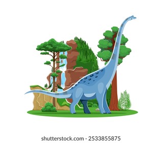 Dinosaurio, dibujos animados prehistóricos dino Titanosauria o animal jurásico, personaje de Vector. Niños divertidos lindo lagarto extinto o prehistórico dinosaurio y dragón reptil en el bosque de la naturaleza de la era del Jurásico