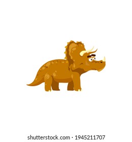 Dinosaur cartoon prehistoric horned animal isolated dino with three horns. Vector cartoon kind triceratops, horned dino of jurassic period. Horridus dino with fringe over head, herbivorous dinosaur