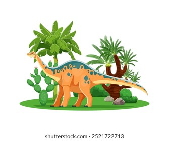 Dinosaur, cartoon prehistoric lizard Apatosaurus in Jurassic forest, vector character. Funny Apatosaurus dinosaur or prehistoric dino for kids Jurassic reptile and paleontology book of extinct animals