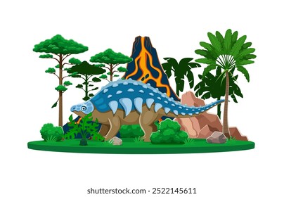 Dinosaurio, lagarto prehistórico de dibujos animados de especies de Panoplosaurus, animal de Vector. Dinosaurio Panoplosaurus de la era Jurásica en selva con erupción volcánica para niños paleontología colección dino