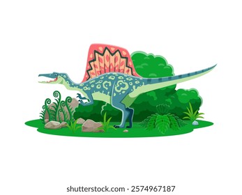 Dinosaur, cartoon prehistoric lizard of Spinosaurus dino animal, vector character. Spinosaurus dinosaur of Spinosaurid species with spine spikes, prehistoric era lizard in jungle for paleontology