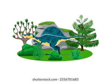 Dinosaur, cartoon prehistoric Oxalaia or Jurassic dino character, vector lizard. Dinosaur Oxalaia species of Jurassic era in jungle forest park for kids paleontology animal lizards or cartoon dino