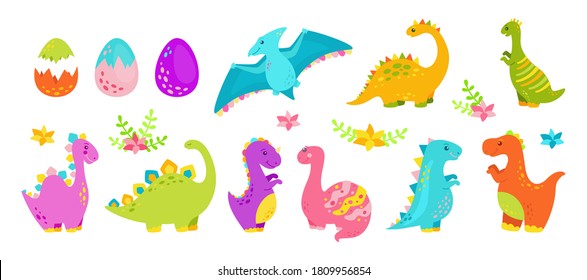 Dinosaur cartoon set. Reptile flat collection, predators and herbivores dino. Funny colorful dinosaurs. Kids design for fabric or textile. Vector illustration isolated on white background