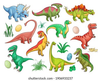 Caricatura de dinosaurios con personajes vectores con lindos animales de bebé y huevos. Triceratops divertidos, stegosaurus y raptor, brontosaurus, t-rex, spinosaurus y tirannosaurus, brachiosaurus y dilophosaurus