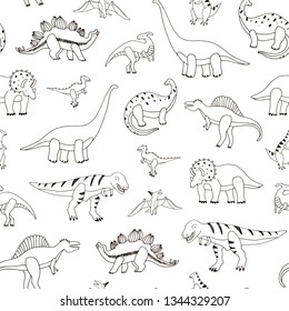 Dinosaur cartoon vector line art seamless pattern