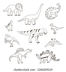 Dinosaur cartoon vector line illustrations set