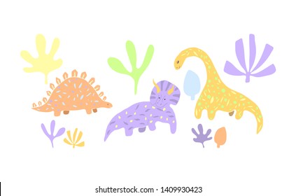 Dinosaur cartoon vector set. Dino flat handdrawn clipart. Prehistoric animals. Isolated cartoon illustration for kids game, book, t-shirt