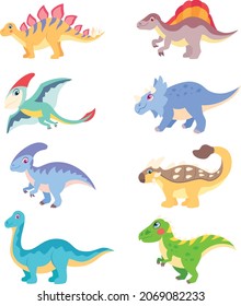 Juego de vectores de dibujos animados de dinosaurios. Spinosaurus, Spinosaurus, Pterodactyl, Triceratops, Parasaurolophus, Anquílosaurus, Brachiosaurus, Tyrannosaurus