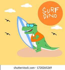 Dinosaur cartoons ready to surf on the beach. designs for children's shirts and book cover designs