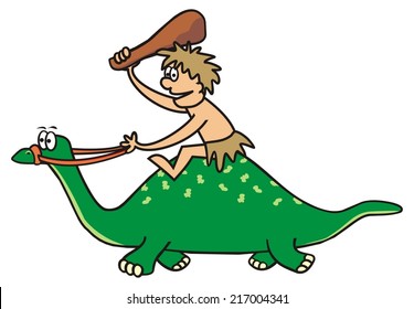 dinosaur and caveman, vector icon