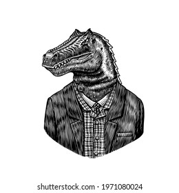 Dinosaur character in coat. Allosaurus tyrex gentleman. Fashionable animal, vitorian gentleman in a jacket. Hand drawn Engraved old monochrome sketch. Vector illustration for t-shirt, tattoo 