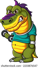 Dinosaur character with dumbbell weights pose gym of illustration