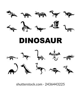 dinosaur character jurassic cute icons set vector. dino raptor, creature animal, baby hand, character jungle, kid rex scary dinosaur character jurassic cute glyph pictogram Illustrations