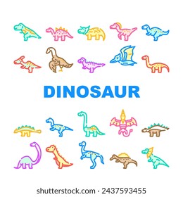 dinosaur character jurassic cute icons set vector. dino raptor, creature animal, baby hand, character jungle, kid rex scary dinosaur character jurassic cute color line illustrations