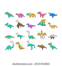 dinossauro personagem jurássico bonitos ícones definir vetor. dino raptor, criatura animal, mão do bebê, personagem selva, garoto rex assustador dinossauro personagem jurássico bonito cor Contorno Ilustrações