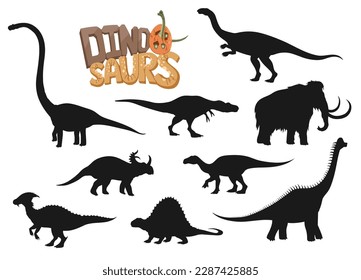 Dinosaur character silhouettes with cartoon dino egg and baby brachiosaurus, vector prehistoric animals. Black silhouettes of mammoth, parasaur, dimetrodon and iguanodon, tarbosaurus and plateosaurus