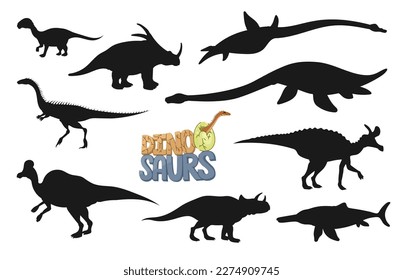 Dinosaur character silhouettes of prehistoric dino animals. Vector elaphrosaurus, ichthyosaurus, plesiosaurus and avaceratops, mussaurus, styracosaurus, lambeosaurus and corythosaurus dinosaurs set